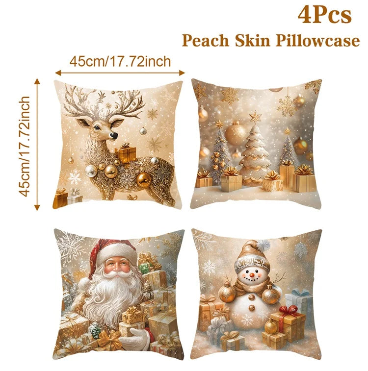 Merry Christmas Cushion Cover Set – 4 Pcs Festive Pillow Cases for Home Decor