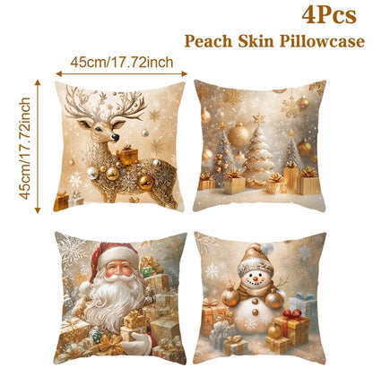 Merry Christmas Cushion Cover Set – 4 Pcs Festive Pillow Cases for Home Decor