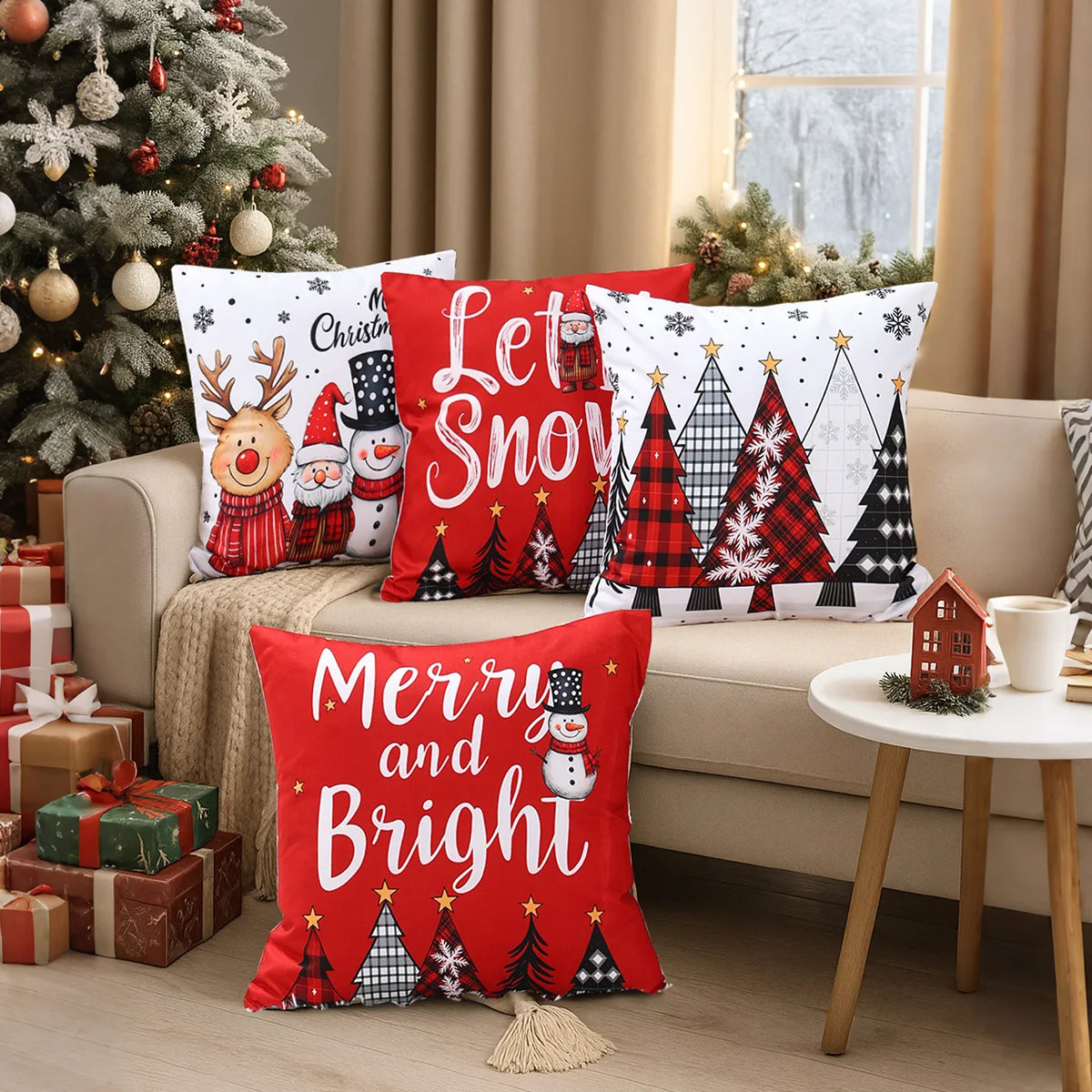 Merry Christmas Cushion Cover Set – 4 Pcs Festive Pillow Cases for Home Decor