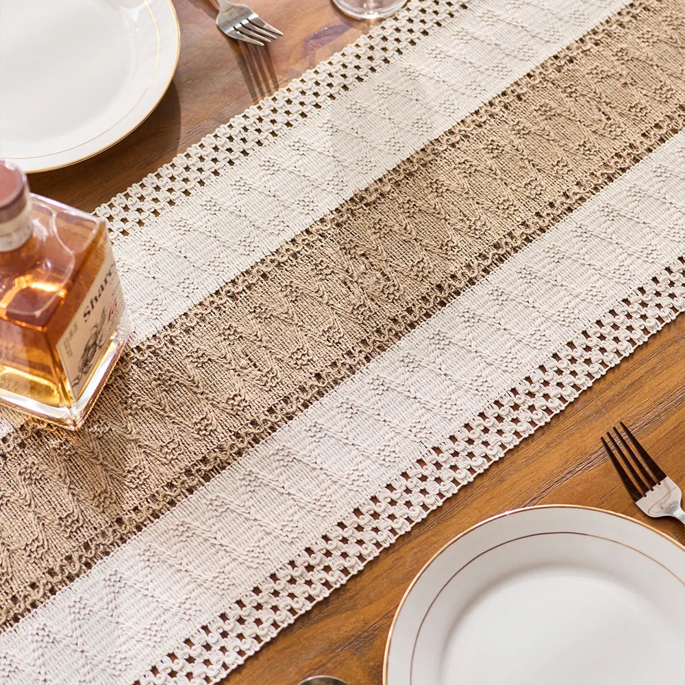 Boho Macrame Table Runner – Cream & Brown Farmhouse Decor with Tassels