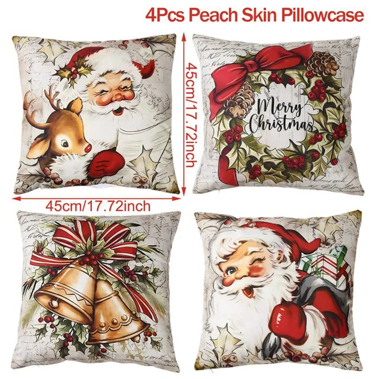 Merry Christmas Cushion Cover Set – 4 Pcs Festive Pillow Cases for Home Decor