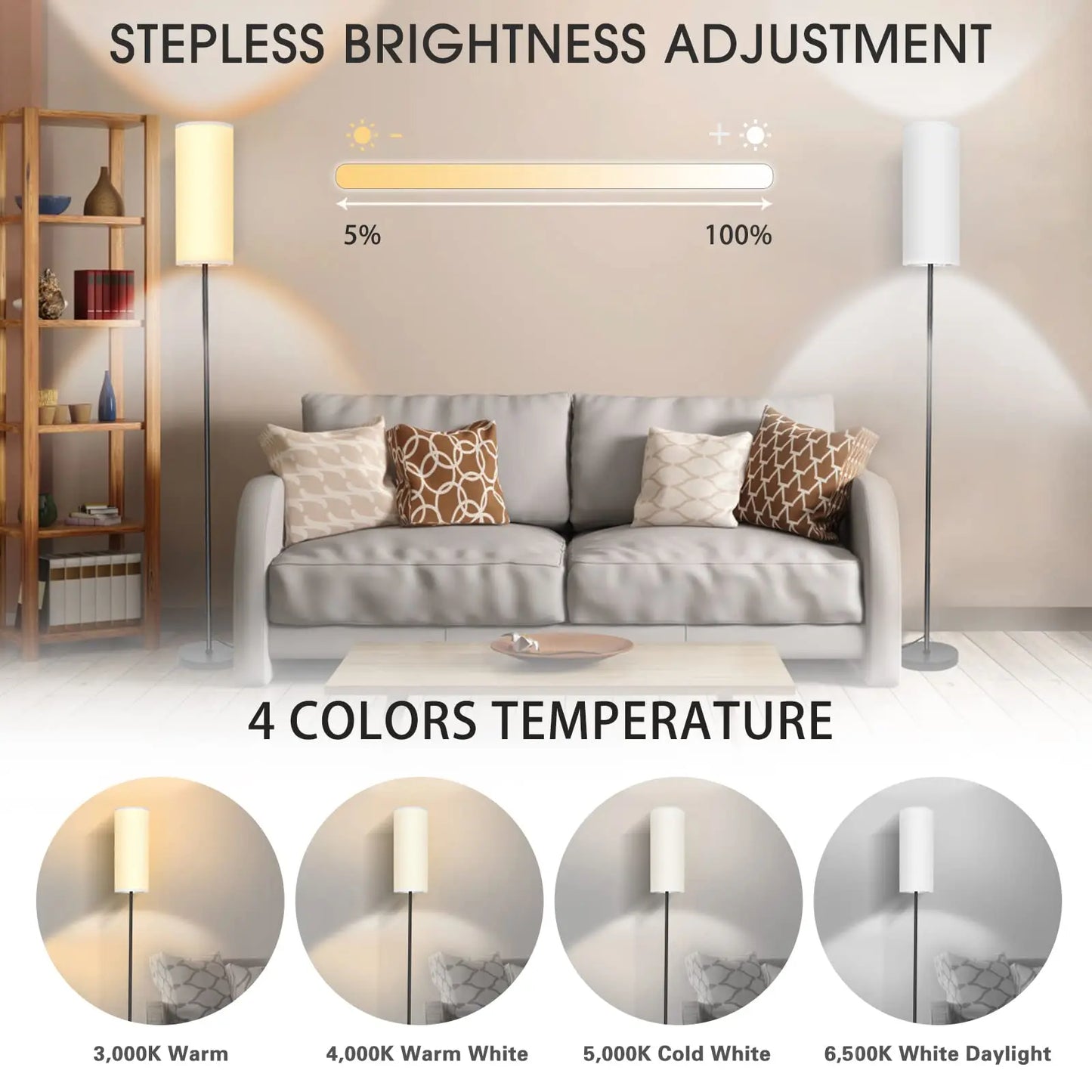 Modern Luxury Floor Lamp with Foot Switch Stepless Dimmer Tall Standing Lamp Fabric Lampshade for Bedroom Living Room Office