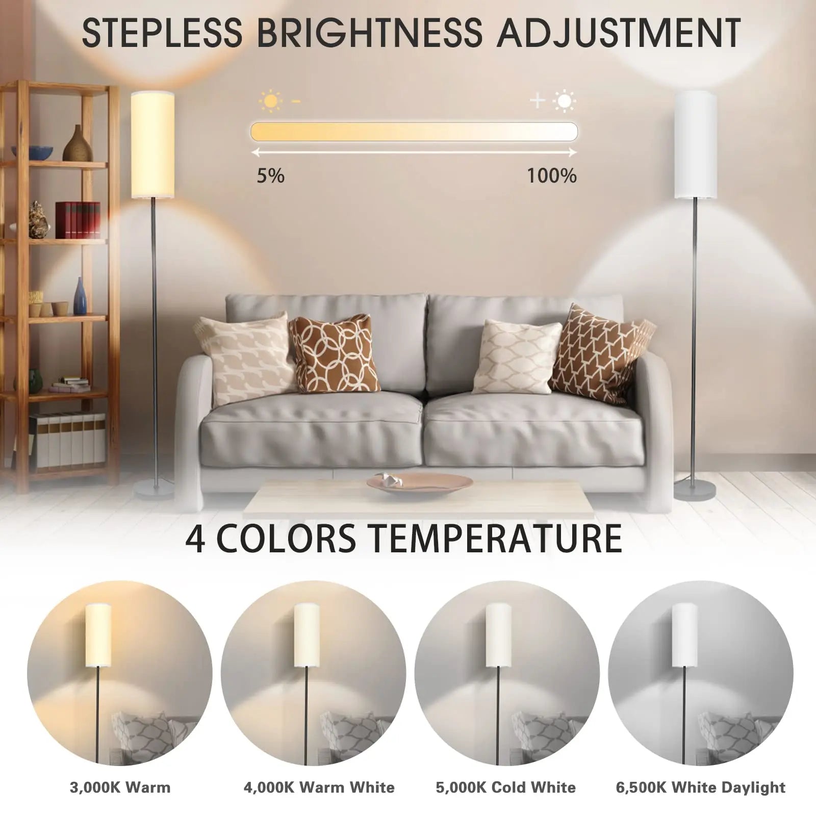 Modern Luxury Floor Lamp with Foot Switch Stepless Dimmer Tall Standing Lamp Fabric Lampshade for Bedroom Living Room Office