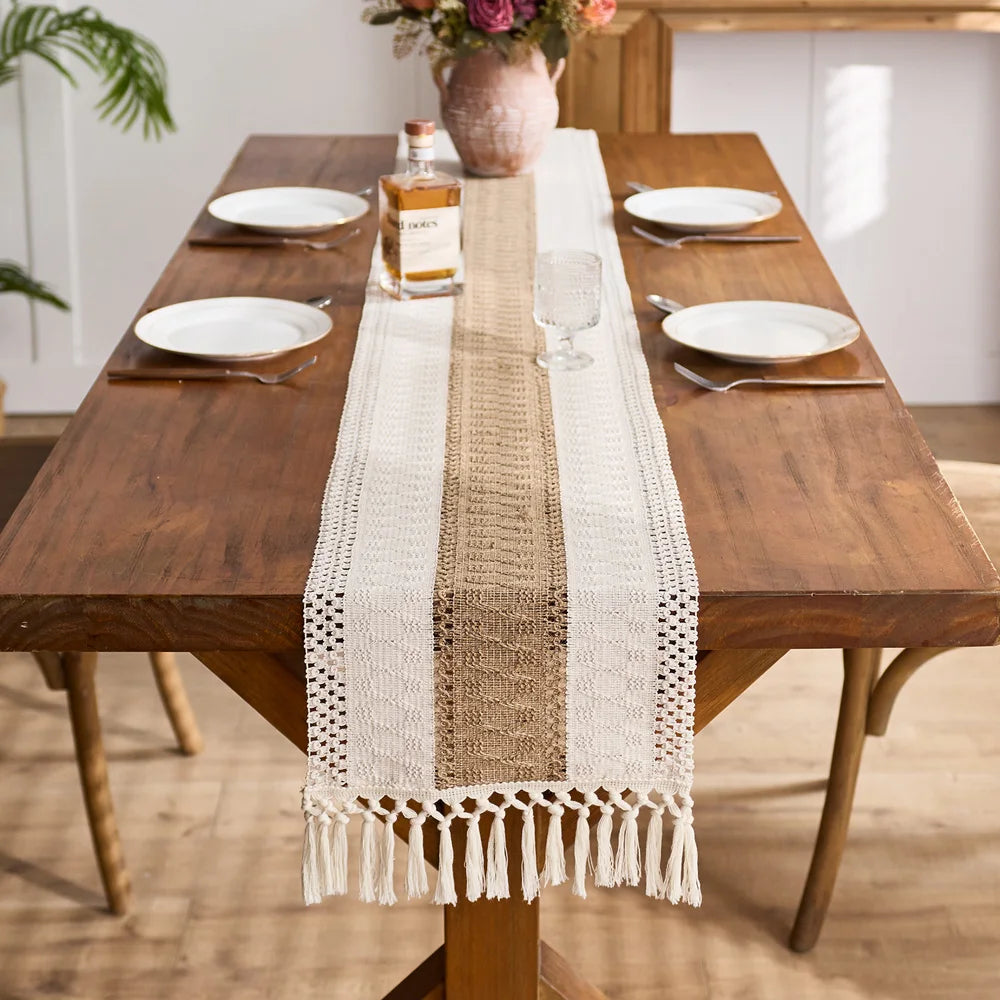 Boho Macrame Table Runner – Cream & Brown Farmhouse Decor with Tassels