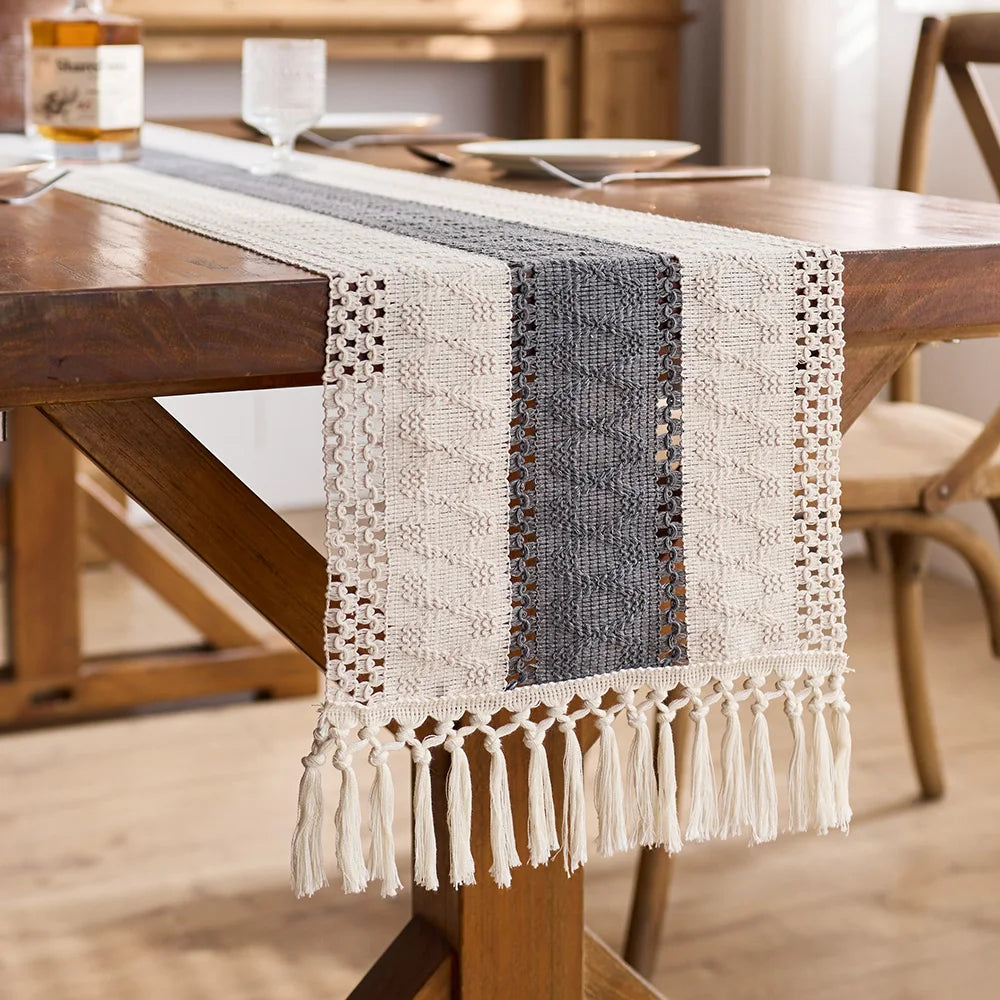 Boho Macrame Table Runner – Cream & Brown Farmhouse Decor with Tassels