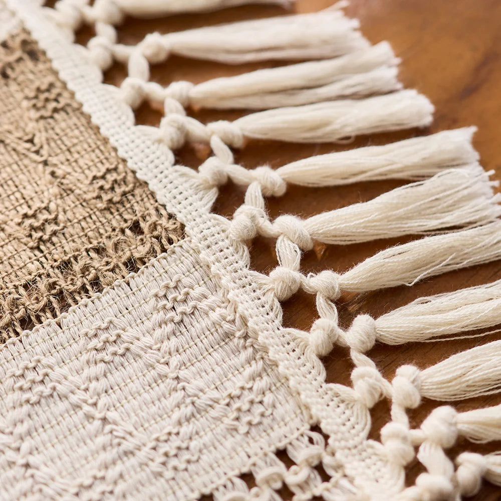 Boho Macrame Table Runner – Cream & Brown Farmhouse Decor with Tassels