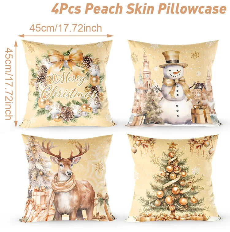 Merry Christmas Cushion Cover Set – 4 Pcs Festive Pillow Cases for Home Decor