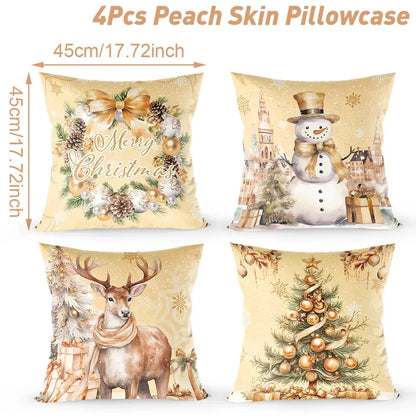 Merry Christmas Cushion Cover Set – 4 Pcs Festive Pillow Cases for Home Decor