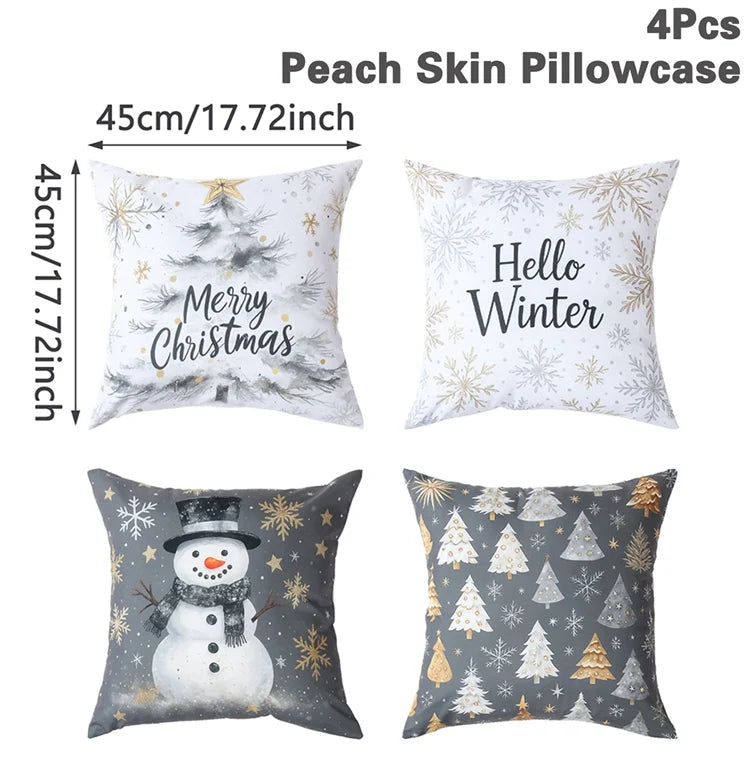 Merry Christmas Cushion Cover Set – 4 Pcs Festive Pillow Cases for Home Decor