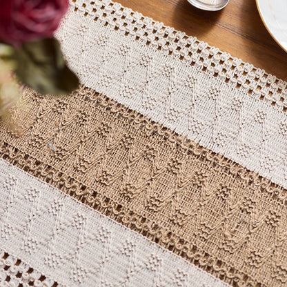 Boho Macrame Table Runner – Cream & Brown Farmhouse Decor with Tassels