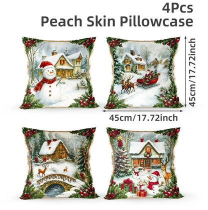 Merry Christmas Cushion Cover Set – 4 Pcs Festive Pillow Cases for Home Decor