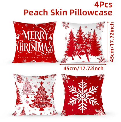 Merry Christmas Cushion Cover Set – 4 Pcs Festive Pillow Cases for Home Decor