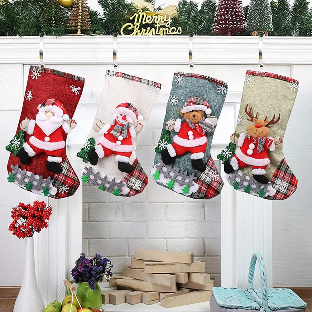 Christmas Stockings Set – 12/4PCS Large Gift Bags with Santa, Snowman, Bear & Elk Designs