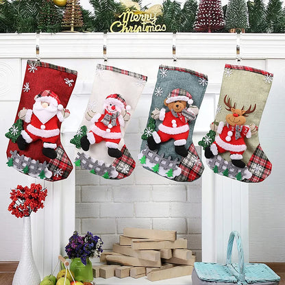 Christmas Stockings Set – 12/4PCS Large Gift Bags with Santa, Snowman, Bear & Elk Designs