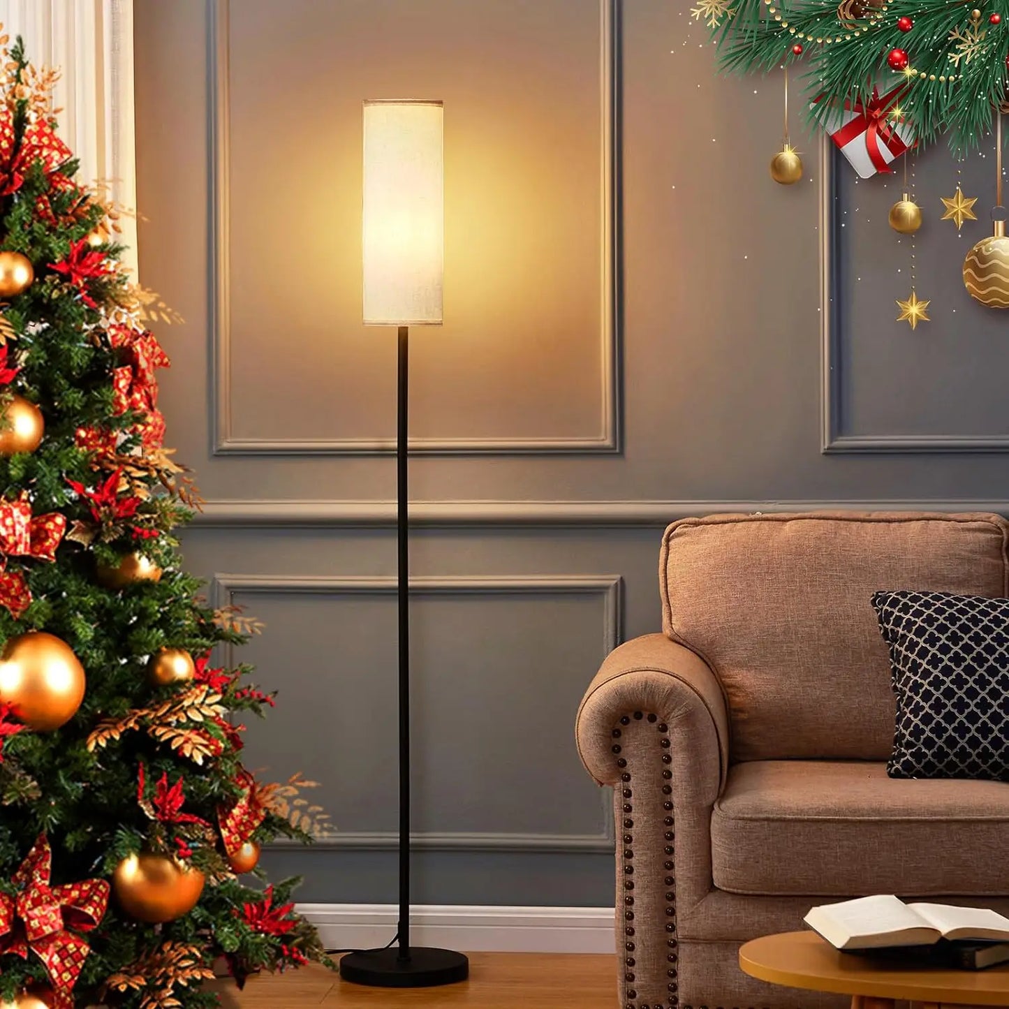 Modern Luxury Floor Lamp with Foot Switch Stepless Dimmer Tall Standing Lamp Fabric Lampshade for Bedroom Living Room Office