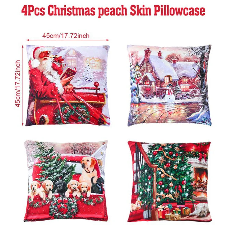 Merry Christmas Cushion Cover Set – 4 Pcs Festive Pillow Cases for Home Decor