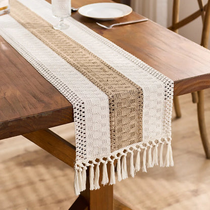 Boho Macrame Table Runner – Cream & Brown Farmhouse Decor with Tassels