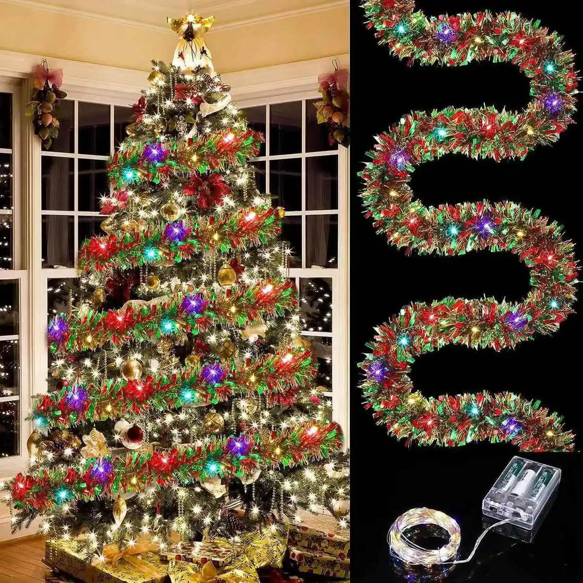 1Pc LED Christmas Tinsel Garland – Metallic Shiny Tree & Home Hanging Decoration