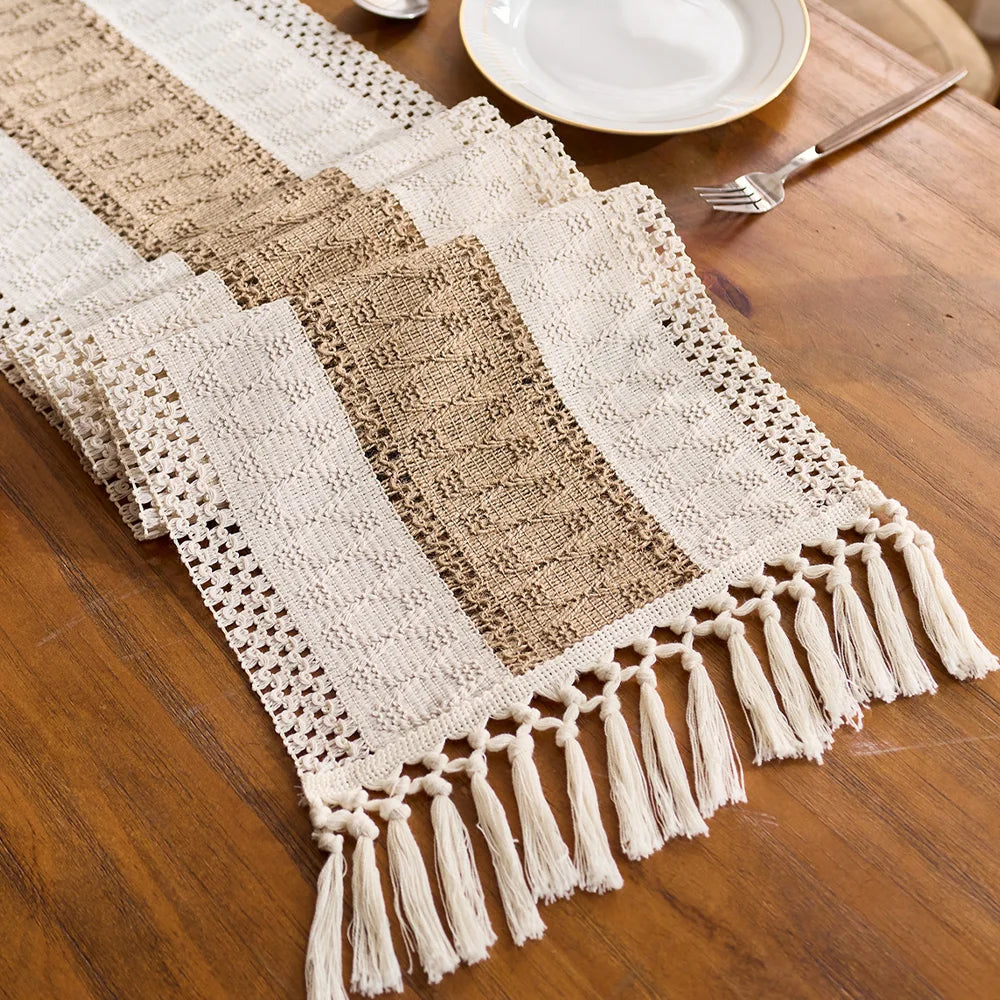 Boho Macrame Table Runner – Cream & Brown Farmhouse Decor with Tassels