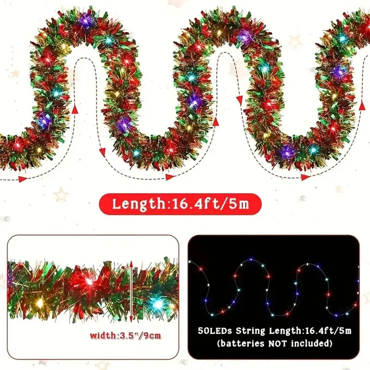 1Pc LED Christmas Tinsel Garland – Metallic Shiny Tree & Home Hanging Decoration
