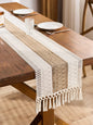 Boho Macrame Table Runner – Cream & Brown Farmhouse Decor with Tassels