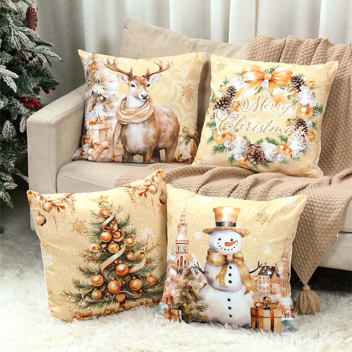 Merry Christmas Cushion Cover Set – 4 Pcs Festive Pillow Cases for Home Decor