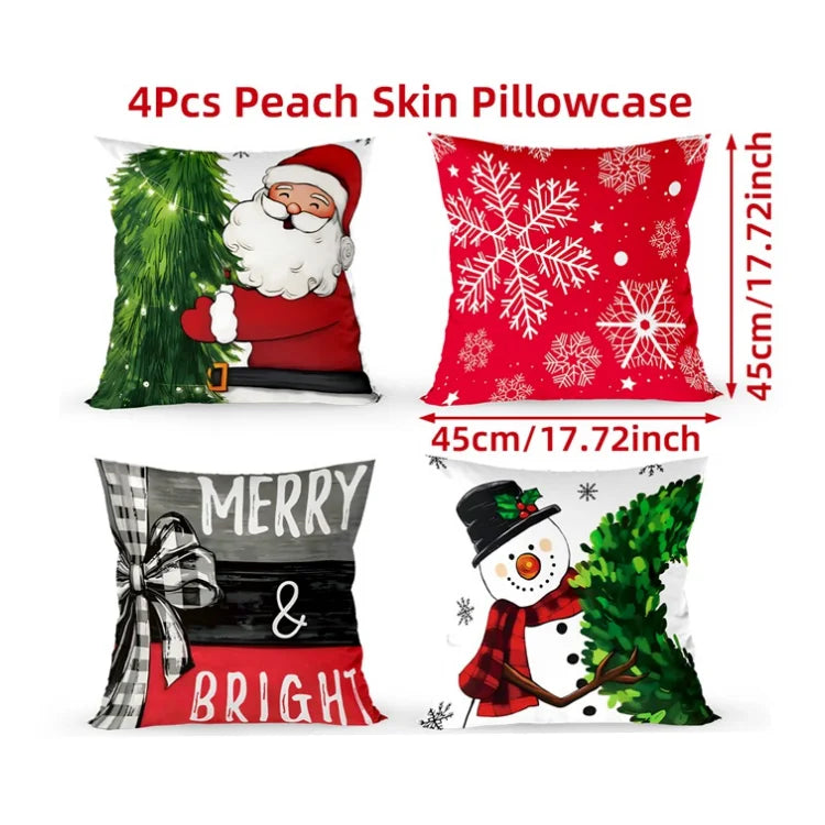 Merry Christmas Cushion Cover Set – 4 Pcs Festive Pillow Cases for Home Decor