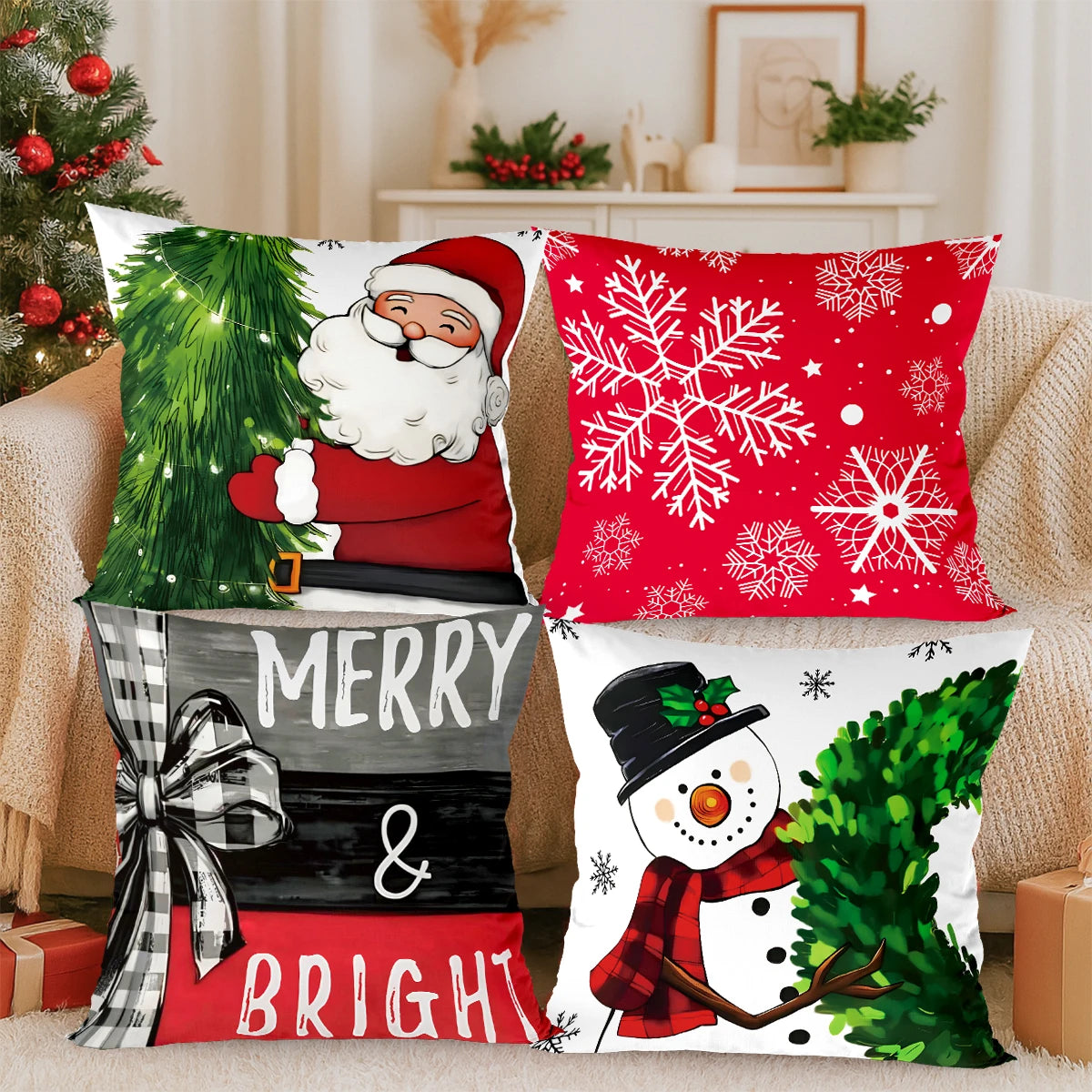 Merry Christmas Cushion Cover Set – 4 Pcs Festive Pillow Cases for Home Decor